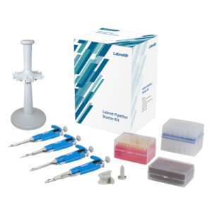 BioPette Plus Pipette 4 Pack Starter Kit by Labnet, including 10μL, 20μL, 200μL, and 1000μL pipettes with a pipette stand, tip racks, and assorted accessories