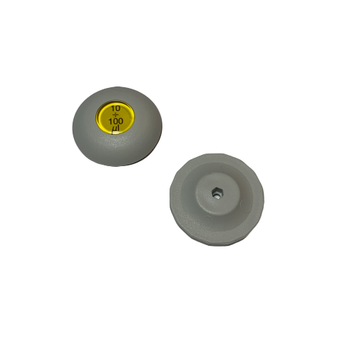 Two gray plastic caps labeled 10-100 µl for the GeneMate (older handle) / Axypet Grey Push Button Single Channel 100μL (Labnet) pipette, displayed on a white background.