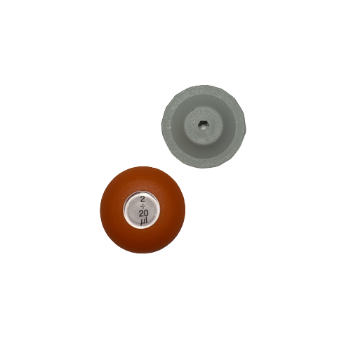 Top and bottom view of a small cylindrical vial with orange cap labeled 2/20 µL and gray stopper, ideal for Lambda Plus Push Button, Single Channel, 20 µL (Labnet) pipettes.