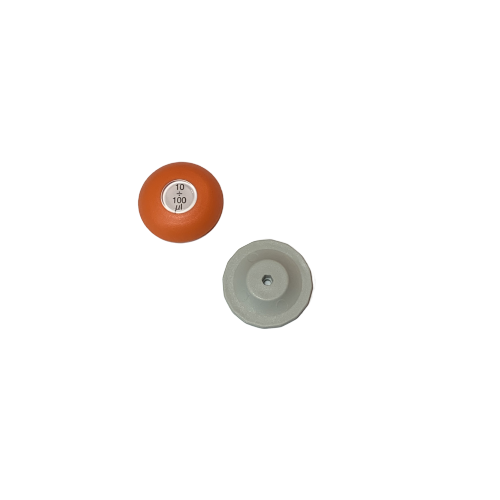 An orange TO 100 µm button and a gray button, resembling Lambda Plus Push Button (Single Channel, 100μL, Labnet) parts, are placed on a white background.