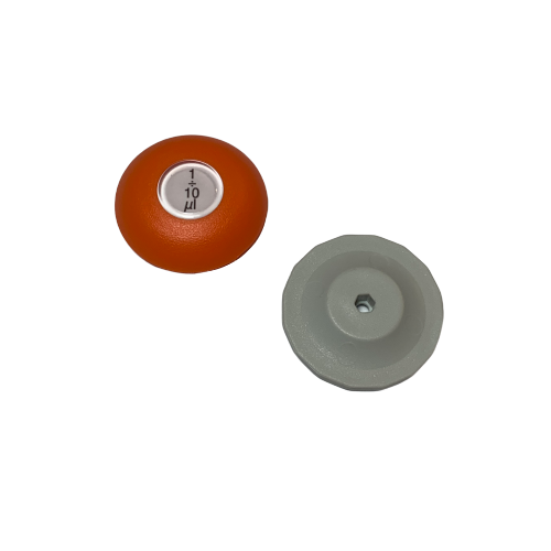 LN SP29354 An orange, circular Lambda Plus Push Button for Labnet Multichannel pipettes (Older Style, 10μL), labeled "1/10 μl," with a separate gray hexagonal cap—both displayed on a white background.