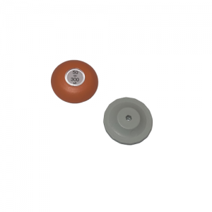 Two round objects, resembling parts of the Lambda Plus Push Button, Multichannel, Older Style, 300μL (Labnet): one is orange with a white “50 300 #4” label; the other is plain gray with a central indentation.