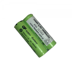 Two green cylindrical NiMH rechargeable batteries (1.2V, 1600mAh each) are side by side on a white background—ideal as the FastPette V2 & Plus Battery Pack (Labnet).