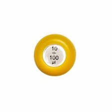LN SP9334 The V3 Push Button Single Channel Pipette from Ulster Scientific features a yellow control button labeled 10 ÷ 100μL, indicating its volume range of up to 100μL.