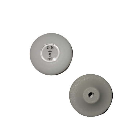 Two round, white plastic pushbuttons (one marked 0.5–5 mL) for Discovery Comfort/Labmate Pro & Soft pipettes, compatible with the 5000μL (0.5–5mL) Newer Version by Labnet; both shown on a white background.