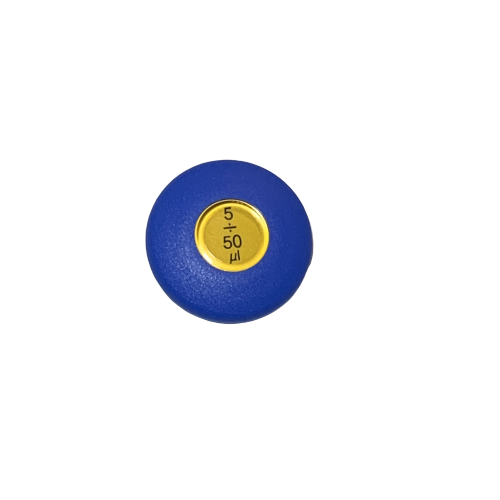 A blue round Labnet Push Button, Multichannel, Newer Style, 50μL (Labnet), with a yellow center marked 5/50μL and symbols, isolated on a white background.