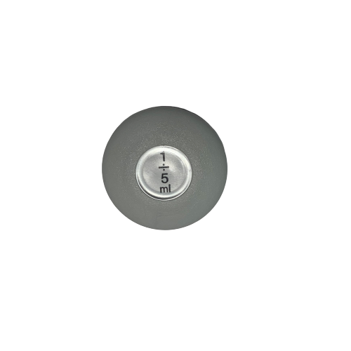 A white circular Labnet Push Button (newer version, 5000μL/1-5ml) pipette cap viewed from above on a white background, perfect for accurate 5000μL liquid measurements.