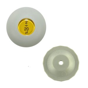 Two grey circular control knobs—one with a yellow center marked 2–20μL, the other plain with a hex hole—compatible with GeneMate (older handle) / Axypet Grey Push Button, Single Channel, 20μL (Labnet).