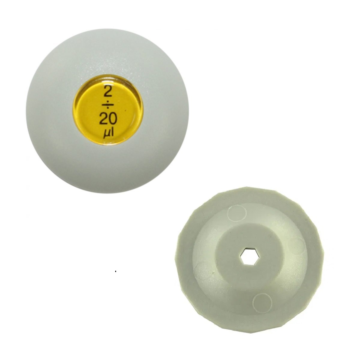 Two grey circular control knobs—one with a yellow center marked 2–20μL, the other plain with a hex hole—compatible with GeneMate (older handle) / Axypet Grey Push Button, Single Channel, 20μL (Labnet).