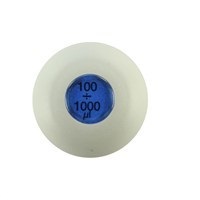Top-down view of a white circular push button with a blue center labeled 100 + 1000 µl, GeneMate (older handle) / Axypet Grey Push Button Single Channel, 1000μL (Labnet).