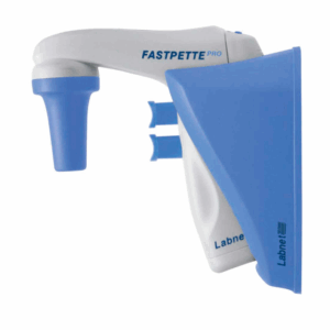 A blue and white FastPette P2002 Pro Pipette Controller with Charging Stand by Labnet, designed for precise laboratory liquid handling.