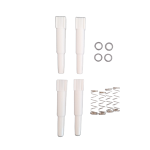 Four white plastic cylinders, four metal washers, and ten small springs—the included parts of the Labnet Shaft Kit, 4 Pack, Multichannel, 300μL—are displayed on a white background.