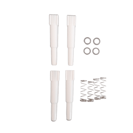 Four white plastic cylinders, four metal washers, and ten small springs—the included parts of the Labnet Shaft Kit, 4 Pack, Multichannel, 300μL—are displayed on a white background.