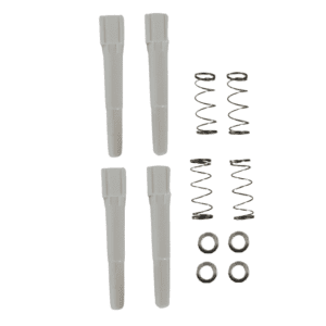Four white plastic rods, four metal springs, and four small metal rings on a white background—parts from the Labnet Shaft Kit, 4 Pack, Type U/DP for 200μL multichannel pipettes (Labnet).