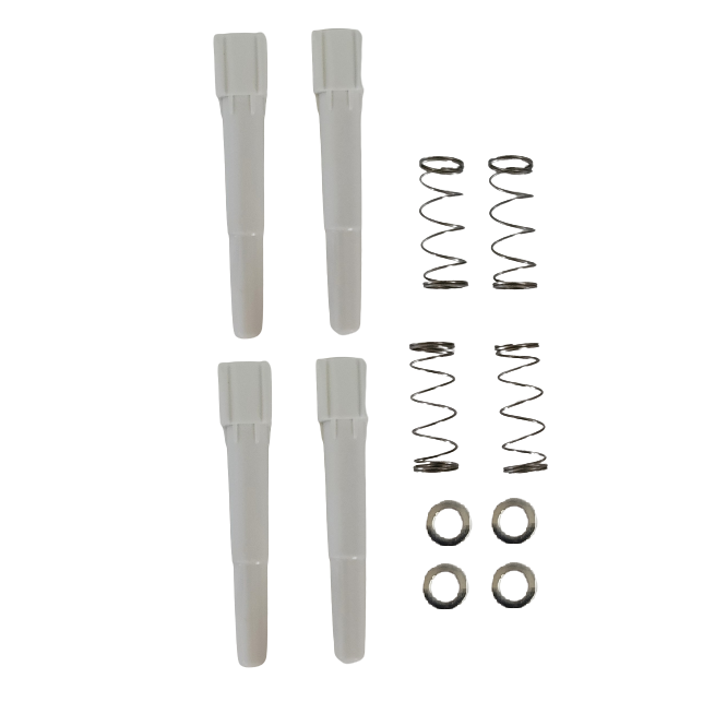 Four white plastic rods, four metal springs, and four small metal rings on a white background—parts from the Labnet Shaft Kit, 4 Pack, Type U/DP for 200μL multichannel pipettes (Labnet).