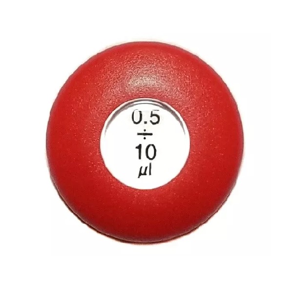 A red Sarpette Pushbutton pipette (Discovery Comfort/Labmate, Labnet), newer version, with 0.5–10μL volume range.