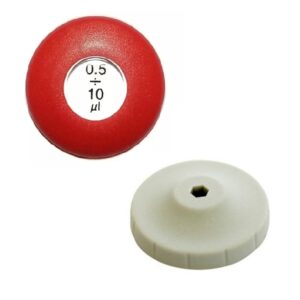 A round, red Discovery Comfort / Labmate / Sarpette Pushbutton Assembly, Single Channel, Red, Newer Version, 10μL labeled 0.5 ÷ 10 μl beside a separate grey knob