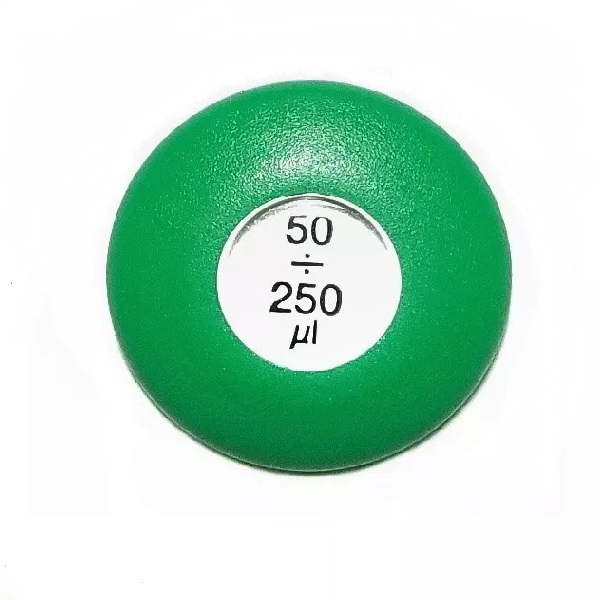 A green Discovery Comfort/Labmate Pro & Soft Pushbutton (newer version, 250μL, Labnet) with a white center displays "50 ÷ 250µL" in black text.