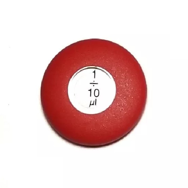 A Labnet Pushbutton, Red, Multichannel, Newer Version, 10μL—features a red circular top with a white center displaying 1/10 and the μl symbol for precise pipetting.