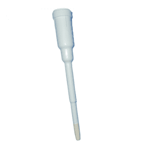 The Nichipet Premium Nozzle Cylinder, 200μL (Nichiryo), is a white plastic dip tube with a threaded top and tapered, elongated body, ideal for dispensing liquids from containers.