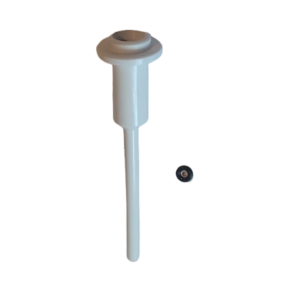 A Nichipet Premium Teflon Seal & O-ring Set, 10μL (Nichiryo), featuring a white rod-shaped device with a top flange and a small black O-ring.