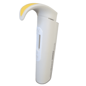 A Nichipet Premium Body (Handle), 100μL by Nichiryo is shown with a yellow button and digital display, set against a plain white background.