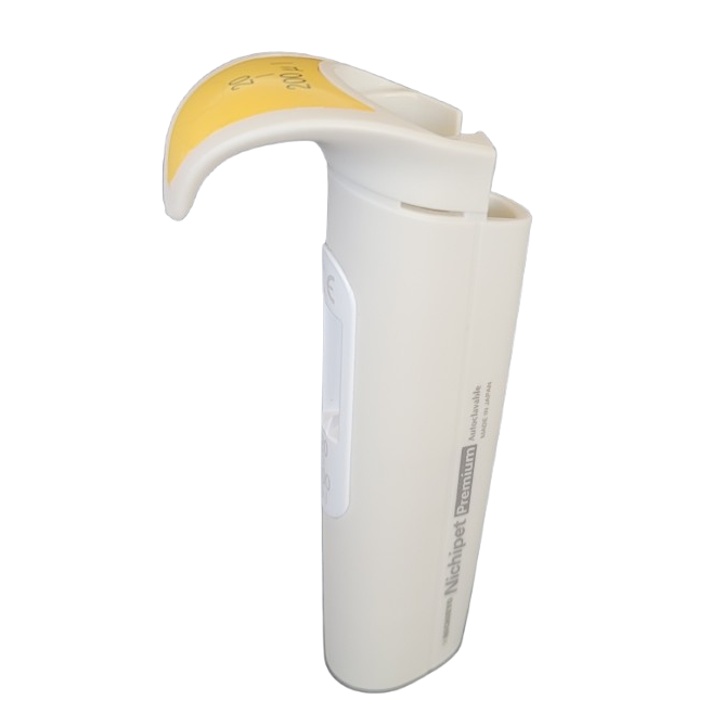 The Nichipet Premium Body (Handle), 200μL (Nichiryo) is a white mechanical pipette with a yellow plunger, designed for precise liquid measurement up to 200μL.