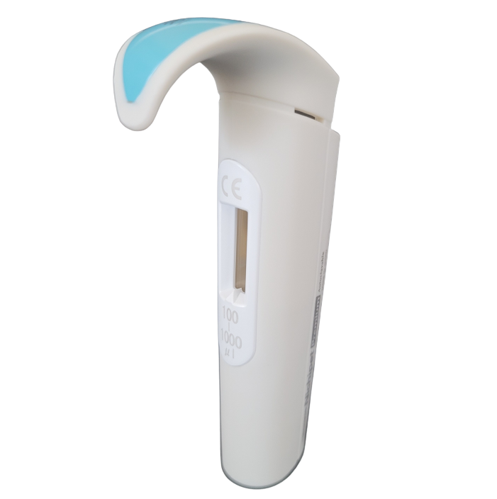 A Nichipet Premium Body (Handle), 20μL (Nichiryo) laboratory pipette in white and blue with a 20μL display window, shown against a plain white background.