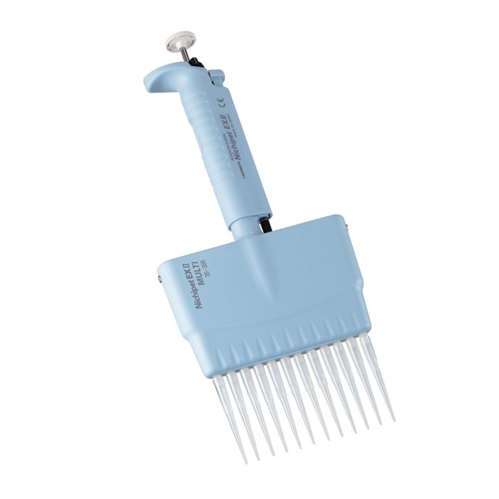 NI 00-NPM-12K A Nichipet EX II MULTI Pipette by Nichiryo, featuring 8 channels and a 20-200μL range, designed for efficient liquid handling in labs.
