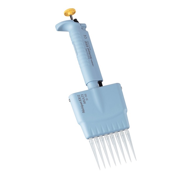 NI 00-NPM-8L The Nichipet EX II MULTI Pipette, 8 Channel, 20-200μL (Nichiryo), in light blue, is displayed with eight tips for accurate lab liquid handling against a white background.