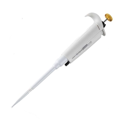 The Nichipet Premium Pipette, Single Channel, 0.1-2μL (Nichiryo), features a white adjustable design with a yellow push button and clear plastic tip, ideal for precise liquid measurement and transfer.