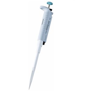 The Nichipet EX II Pipette, Single Channel, 0.1–2μL (Nichiryo), features a blue adjustment dial and white body for precise liquid measurement and transfer.