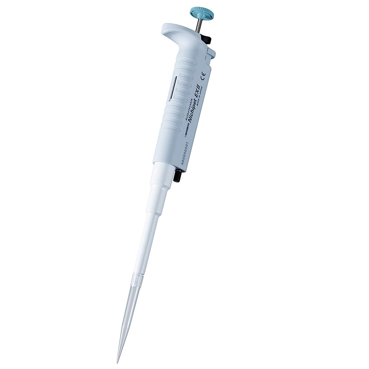 NI 00-NPX2-200 The Nichipet EX II Pipette, Single Channel, 0.1–2μL (Nichiryo), features a blue adjustment dial and white body for precise liquid measurement and transfer.