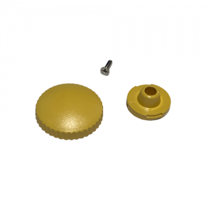 The Nichiryo / Oxford Lab Products yellow push button thumb knob set for 20μL, 100μL, and 200μL pipettes is shown with a matching base and small metal screw on a white background.