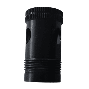 A black cylindrical Nichiryo / Oxford Lock Screw for all volumes, with threading at one end, two large circular holes, and a ridged top. Metal component designed for Nichiryo and Oxford equipment. Isolated on white background.