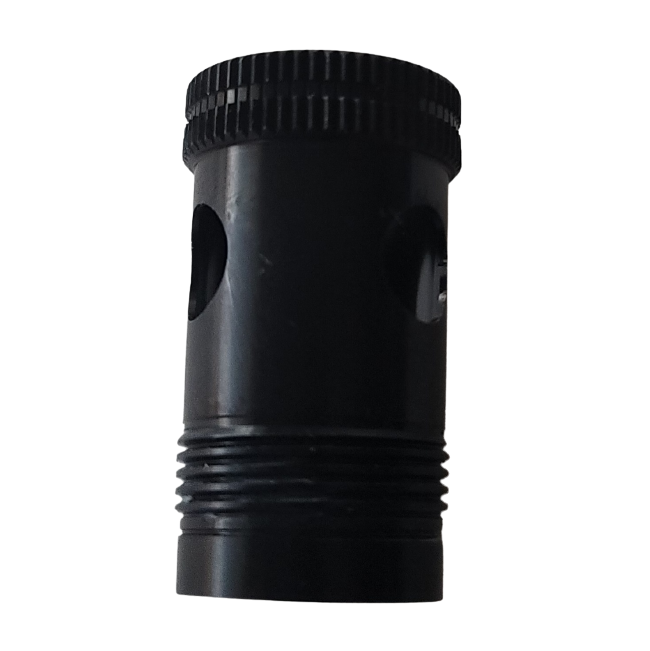 A black cylindrical Nichiryo / Oxford Lock Screw for all volumes, with threading at one end, two large circular holes, and a ridged top. Metal component designed for Nichiryo and Oxford equipment. Isolated on white background.
