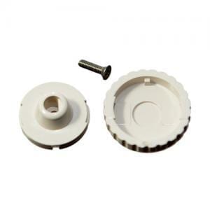 Nichipet EX Plus Thumb Knob Set, White, for 2μL, 10μL, and 10mL (Nichiryo), shown disassembled into grooved outer ring, central insert, and metal screw on a white background. Compatible with Nichiryo models.