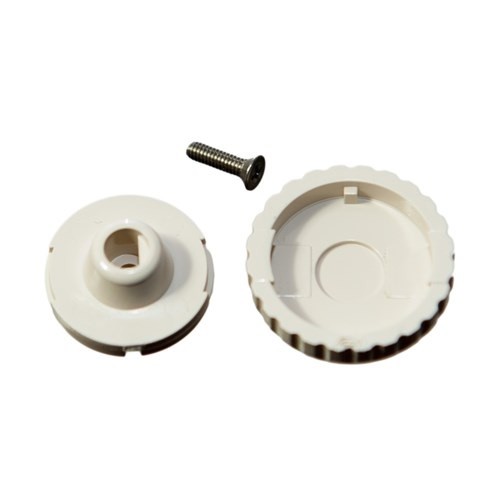 NI 5GB-076A Nichipet EX Plus Thumb Knob Set, White, for 2μL, 10μL, and 10mL (Nichiryo), shown disassembled into grooved outer ring, central insert, and metal screw on a white background. Compatible with Nichiryo models.