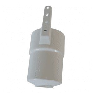 A white plastic float with three holes in its mounting arm, designed for fluid level control, compatible with the Nichiryo / Oxford Tip Ejector Pipe, 10mL (Nichiryo) assembly.
