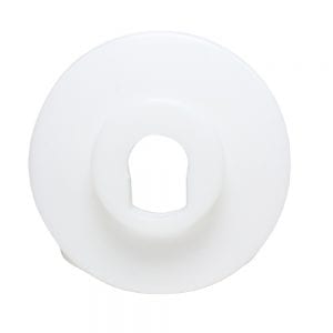 White plastic round adapter for 60mL syringe, compatible with Nichiryo Model 8100. Features a central keyhole-shaped opening; commonly used to cover and protect keyholes on doors.