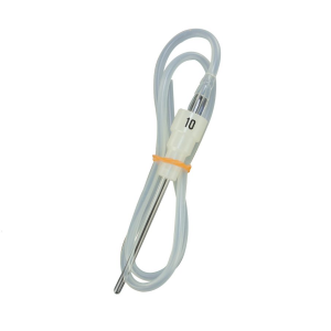 A 10ML Accupenser Jr with a glass tip, holder, and silicone tube (Nichiryo); the tube is coiled and secured with an orange band.