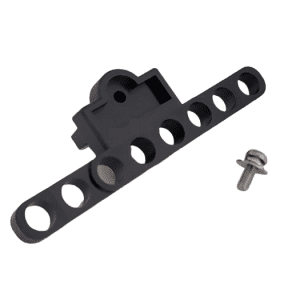 Black metal bracket with seven round holes next to a silver screw, shown on white background, like components from the Nichipet 7000 Ejector Set for 8 channel pipettes (50μL/200μL/300μL, Nichiryo).