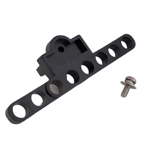 NI_NM7-053A Black metal bracket with seven round holes next to a silver screw, shown on white background, like components from the Nichipet 7000 Ejector Set for 8 channel pipettes (50μL/200μL/300μL, Nichiryo).