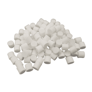 A pile of small, cylindrical white pellets—similar to Nichiryo / Oxford Nozzle Filters, 5000μL/10mL, 100 pcs—is arranged on a plain white background.