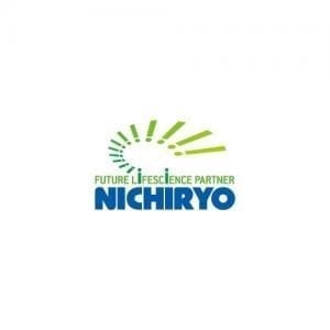 Nichiryo logo with green and blue “Future Lifescience Partner Nichiryo” text, green radial lines, and a subtle micropipette motif referencing their innovative Le Stroke Ring pipettes (10μL, 20μL, 100μL, 200μL).