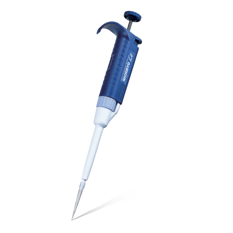 The Nichiryo Le Pipette is a blue and white single channel micropipette with plunger and digital display, designed for accurate 0.5-10μL liquid measurement in labs.