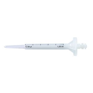 A PD-Tip II Precision Dispenser Tip, BIO-CERT Sterile, 1.25mL (BrandTech), white plastic with measurement markings from 25µL to 1.25mL, is shown against a plain white background. Box contains 100 tips.