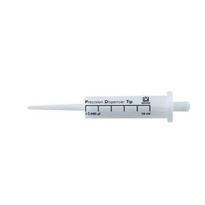 A BrandTech PD-Tip II Precision Dispenser Tip, BIO-CERT Sterile, 10mL (pack of 100), is shown with graduated markings against a plain background.