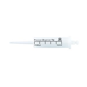 A BrandTech PD-Tip II Precision Dispenser Tip, BIO-CERT Sterile, 12.5 mL capacity, with measurement markings and a narrow tip, is shown on a plain background. Pack includes 100 tips.