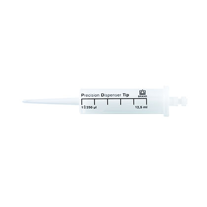PD-tip-12-5ml-705744 A BrandTech PD-Tip II Precision Dispenser Tip, BIO-CERT Sterile, 12.5 mL capacity, with measurement markings and a narrow tip, is shown on a plain background. Pack includes 100 tips.